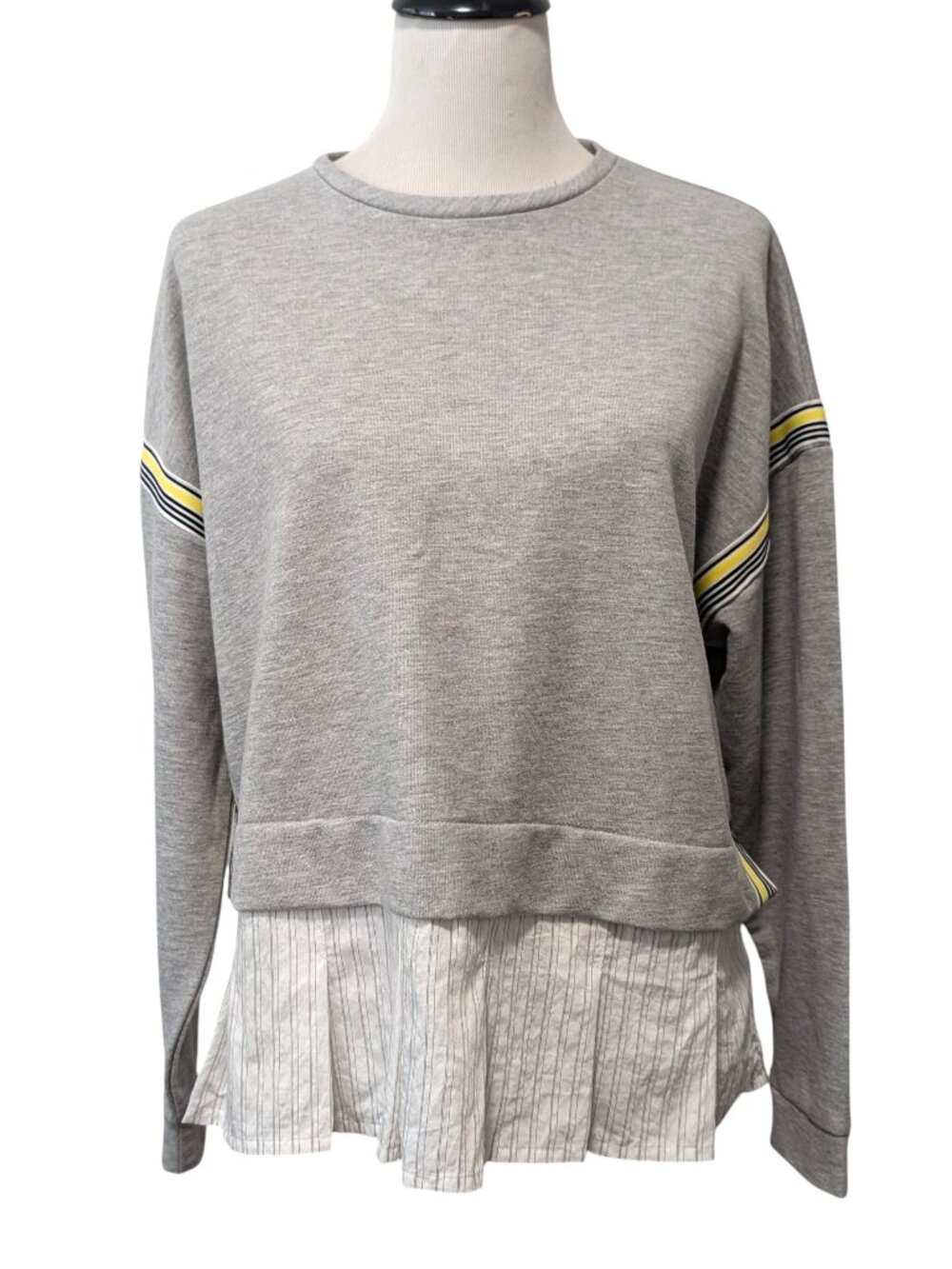 Maeve Womens Size S Gray Yellow Black Stripe Twofer Pleated Hem L/S Blouse Top